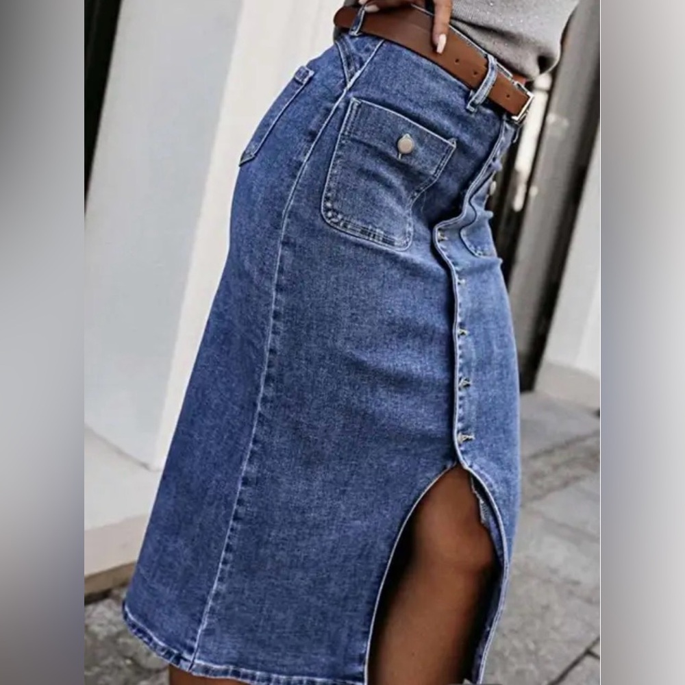 Flamingals Split Hem Button Up Midi Stretchy Deni… - image 2